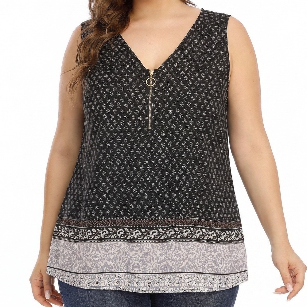 Tempted Hearts Blouse Women 2X Black Geometric Floral Excellent  Zip‎ Sleeveless
